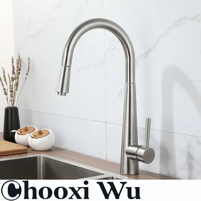 CHOOXIWU - Rubinetto da cucina estraibile in acciaio inossidabile con telescopico rotante per acqua calda e fredda per installazione sul piano di lavoro del bagno 4