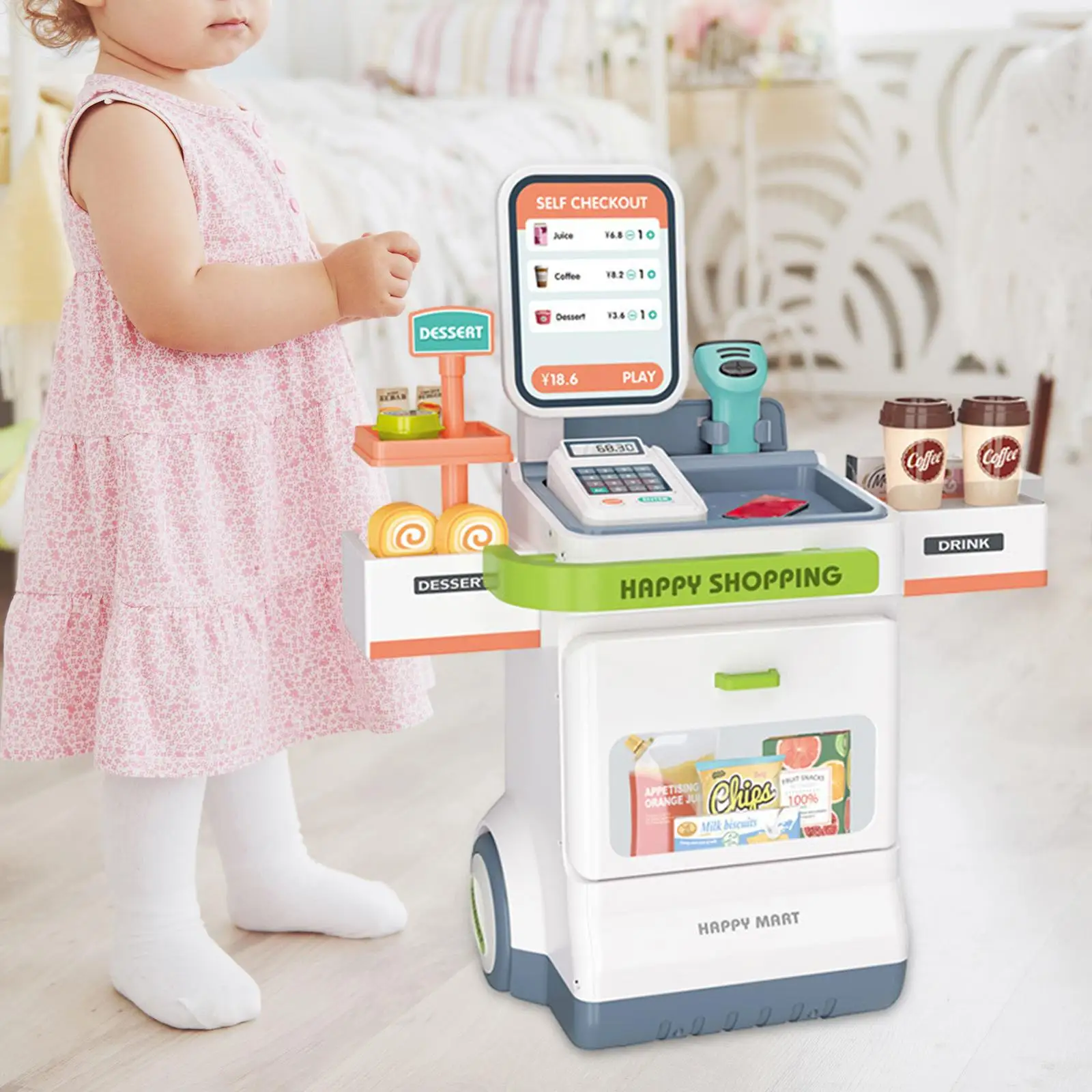 Kids Pretend Play Cash Register Toy with Calculator, Food Play Kids Valentines