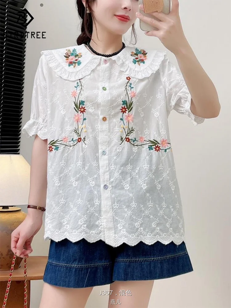 

Spring Cotton Embroidery Shirt Women Peter Pan Collar Tops Girl Short Sleeve Sweet Floral Age Reduction Blouse Autumn T43488QM
