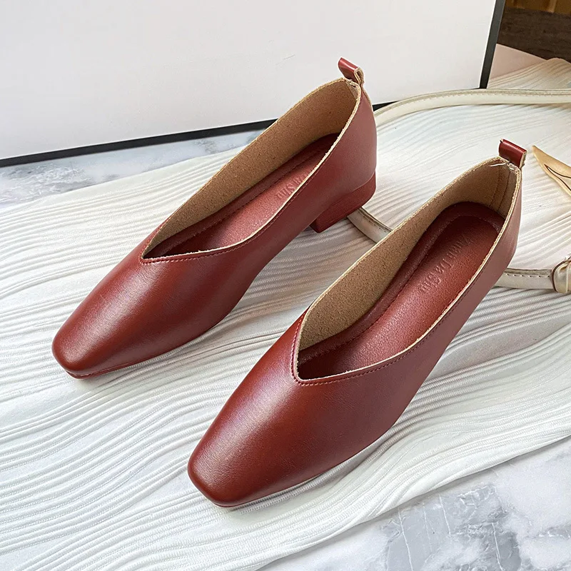 Women Shoes Women Flats Multi-color Low-heeled Square-toe Granny Shoes Shallow Mouth Casual