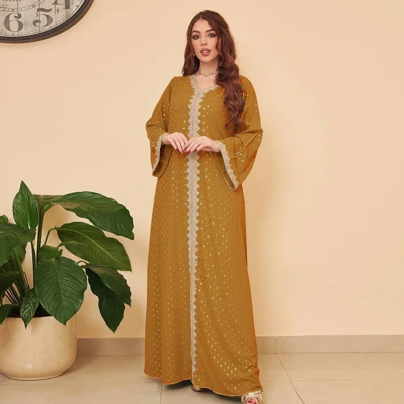 Summer New Large Robe Arab Muslim Temperament Robe Bronzing Side Waist Strap Slim Fit Dress abaya femme  evening dresses