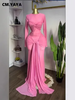 CM.YAYA Women Mesh See Though Long Sleeve Maxi Bowknot Long Dress 2026 Birthday Vacation Sexy Club Party Evening Street Dresses 1
