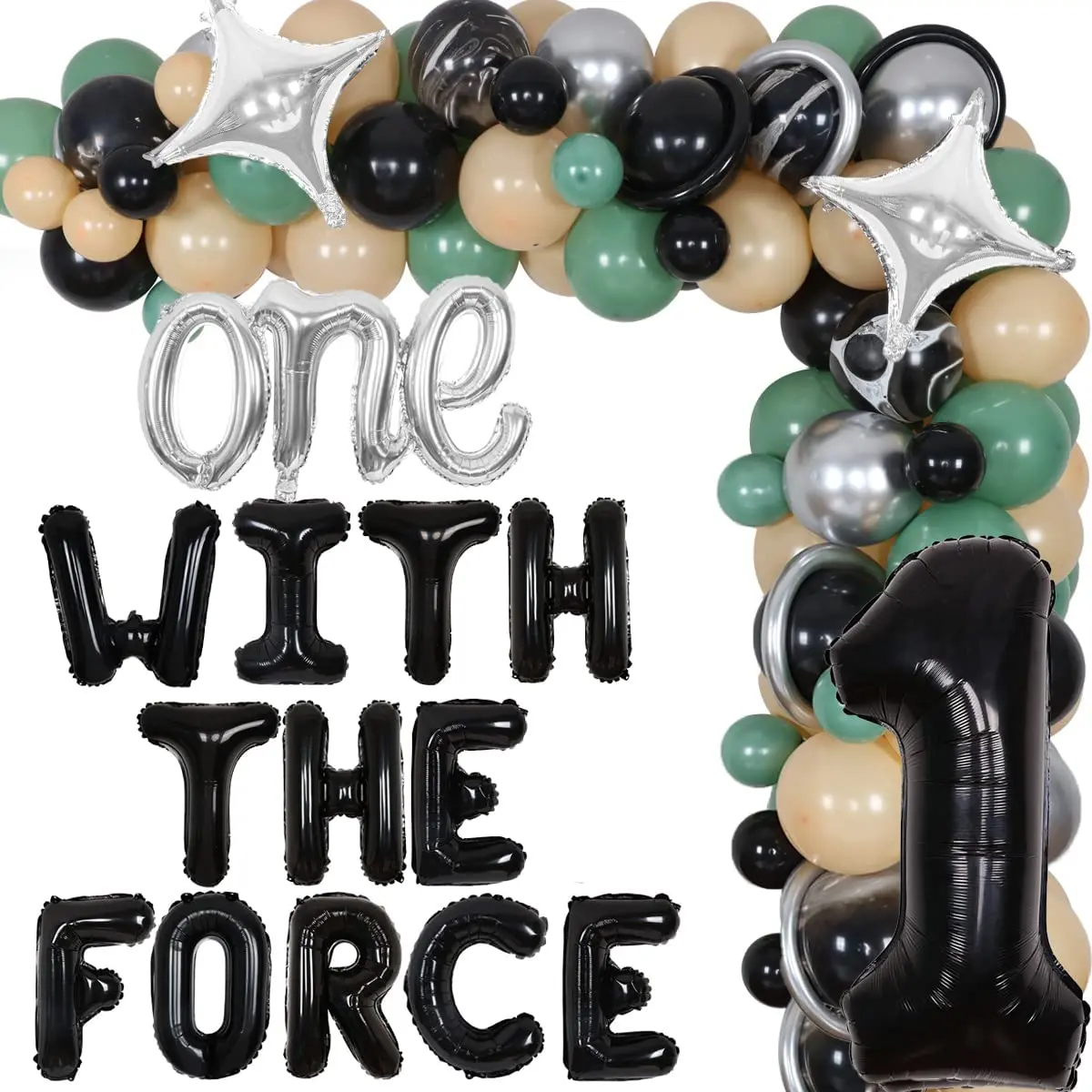 

Space 1st Birthday Decorations One with The Force Balloon Banner Sage Green and Black Garland Arch for Boys First Birthday Party