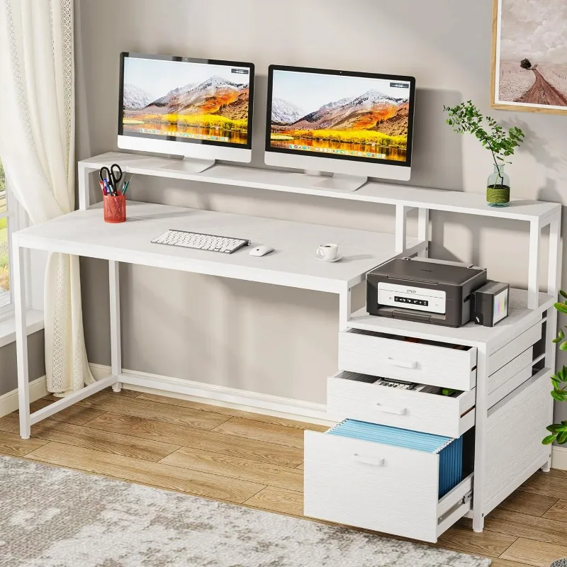 

63 Inch Computer Desk with File Drawer Cabinet, Ergonomic Office Desk with Monitor Stand, Computer Table with Printer Space