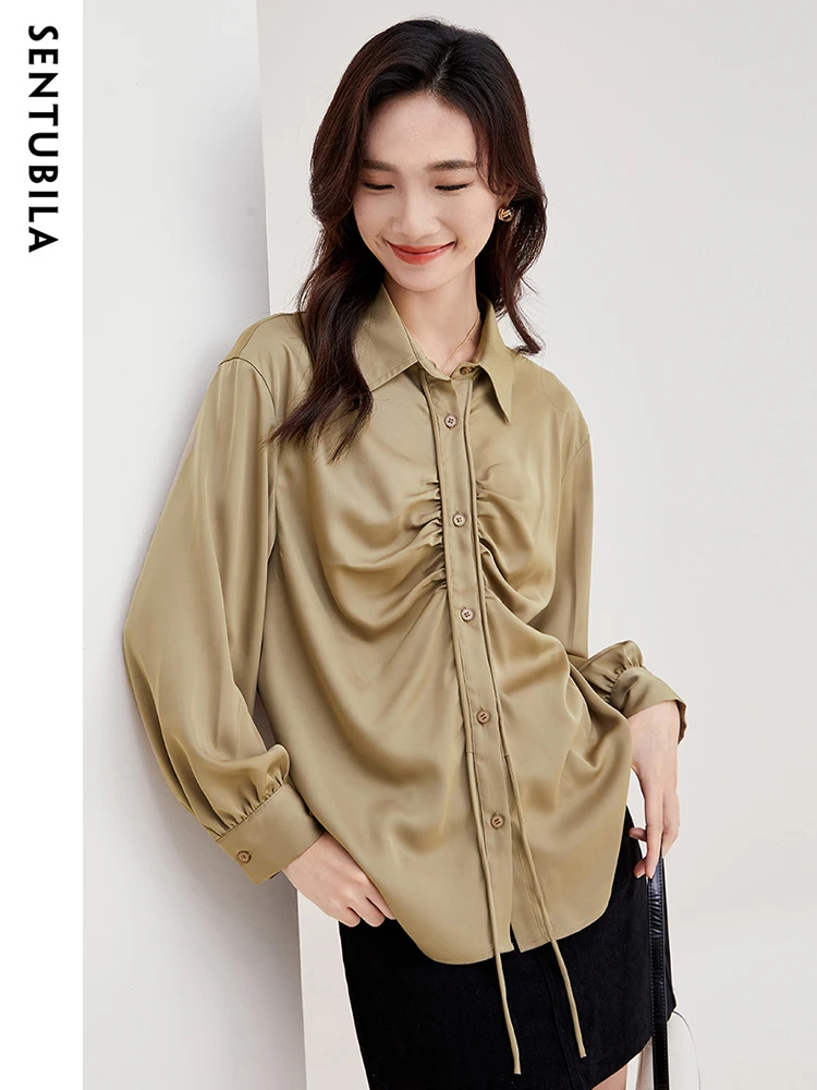 SENTUBILA Fashion Vintage Satin Blouse for Women 2024 Spring Button Down Shirt Ladies Ruched Versatile Drawstring Tops 133C52320