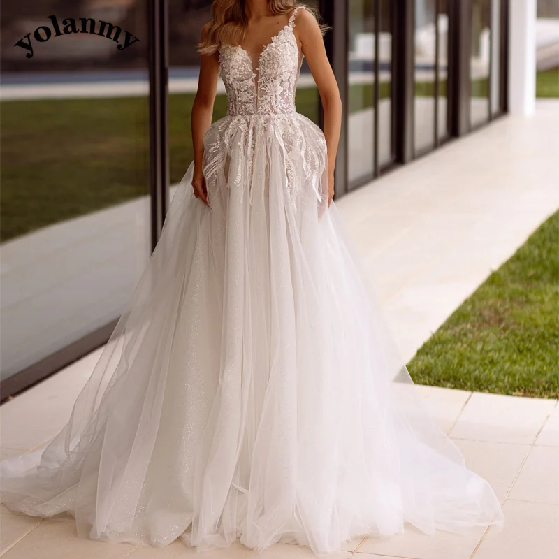 

YOLANMY Simple Aline Wedding Dress Tulle Deep V-Neck Appliques Illusion Chapel Train Backless Vestidos De Novia Drop Shipping