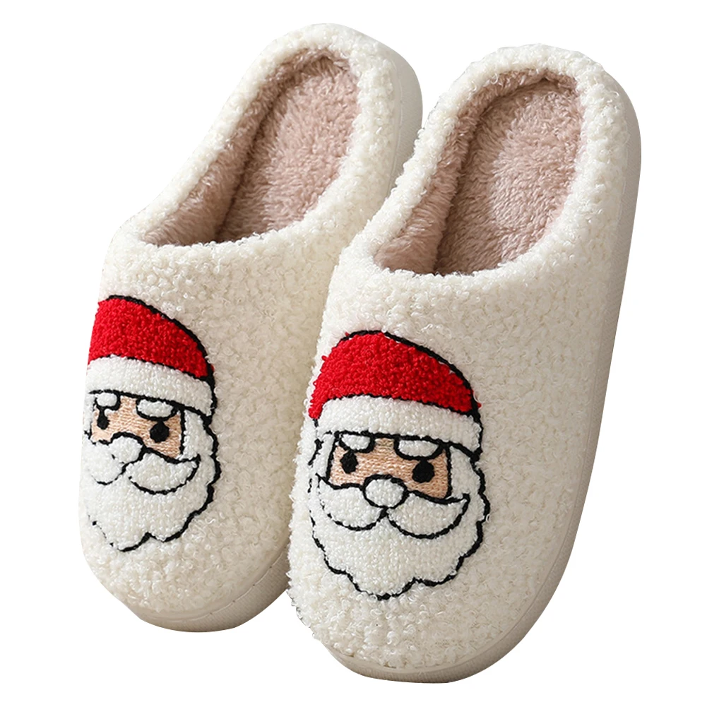 Santa Claus Fuzzy Indoor Slippers Flat Plush Closed Toe Slippers Soft Plush Slip-on House Shoes Cartoon for Winter Indoor