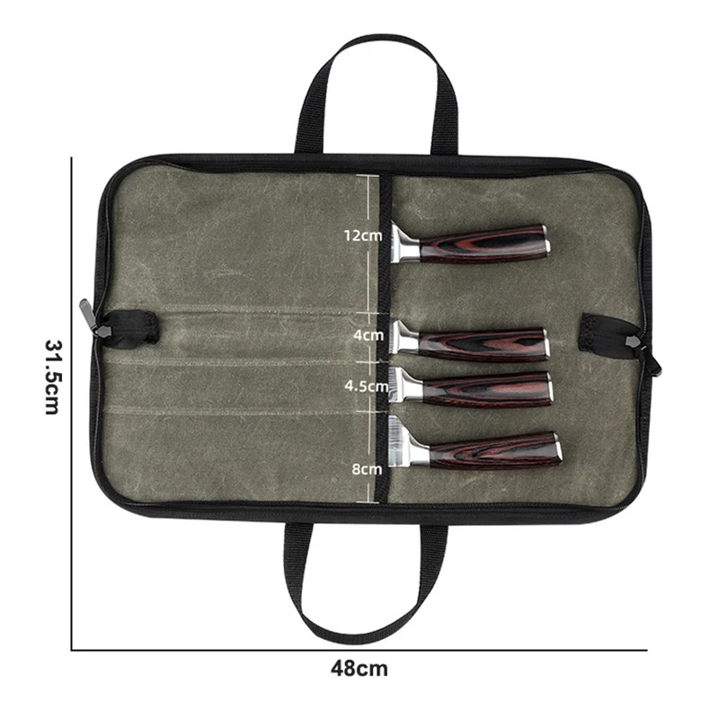 Portable Travel Picnic Chef Knife Roll Bag Canvas 4 Slot Kitchen Knife Storage Pocket Slicing Santoku Knife Carry Case Organizer