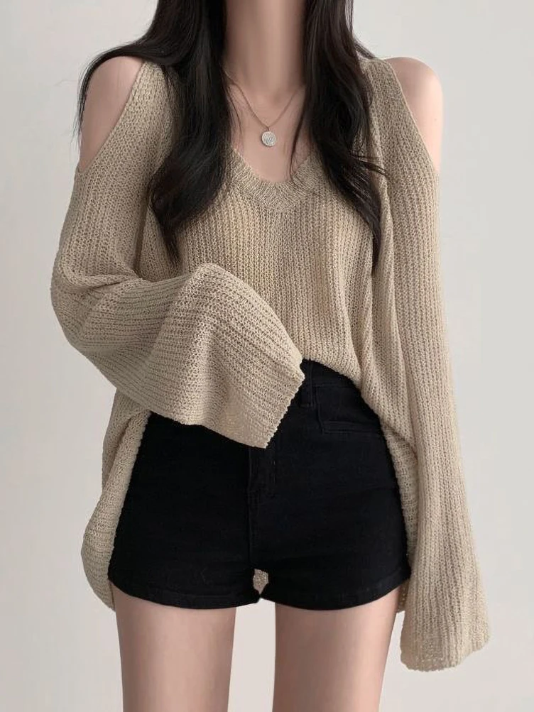 Korean Dongdaemun Off Shoulder Long Sleeve Sweater V-Neck Oversize Pullover Elegant Youth Sexy Knitwear