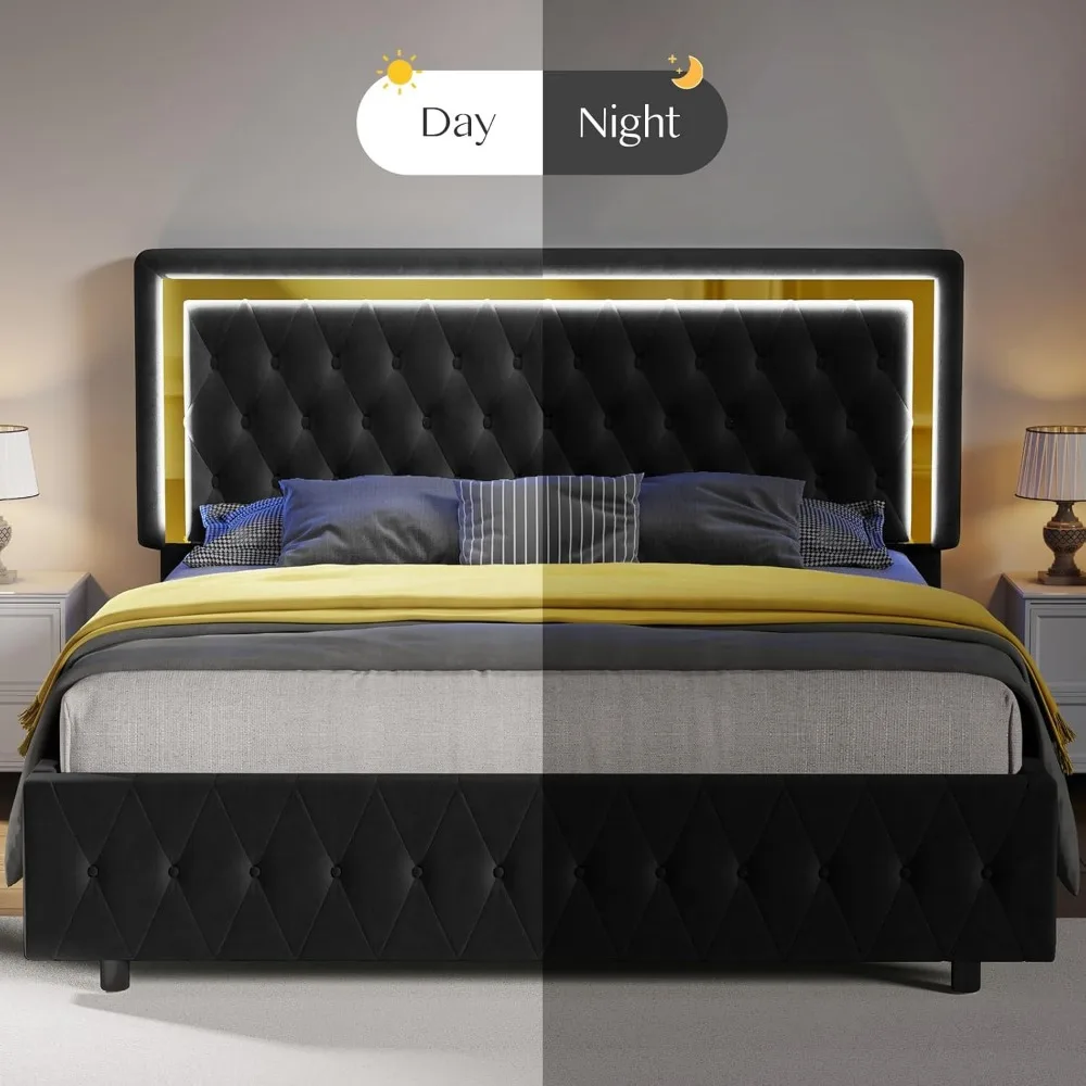 Bed Frame with LED Lights Headboard&Footboard, Velvet Upholstered Full Size Platform Bed Frame No Box Spring Need 4