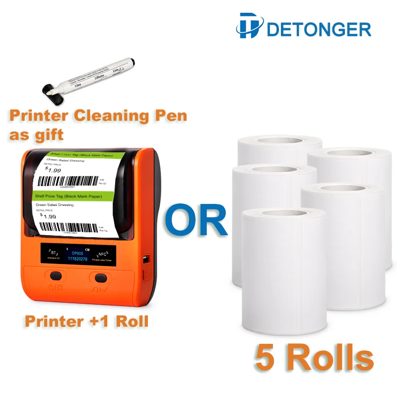 DETONGER DP30S Thermal Label Printer Plus 10 Rolls White Paper  Muitifunctional Adhensive Hand Sticker Maker Price Tag