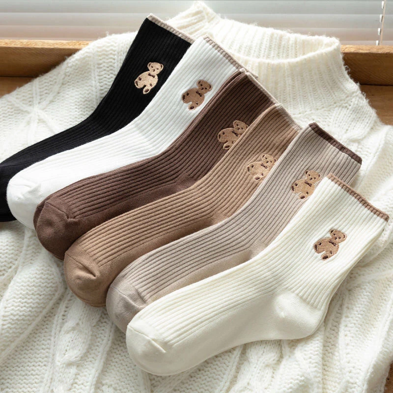 

5Pairs New Cute Bear Socks Women High Cotton Keep Warm Brown Winter Sock Fuffy Funny Lovely Kawaii Cartoon Women's Thermal Socks