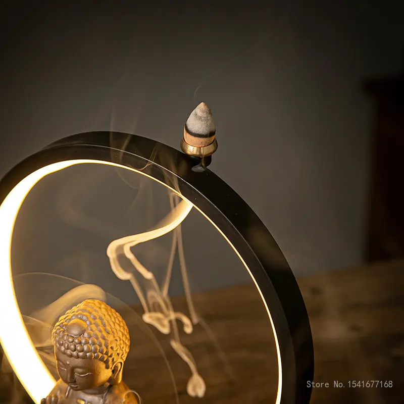 Flowback Incense Burner with Light, Buddha Statue Decoration, Purple Sand, 2-hour Disk, USB, Creative, 1Pc