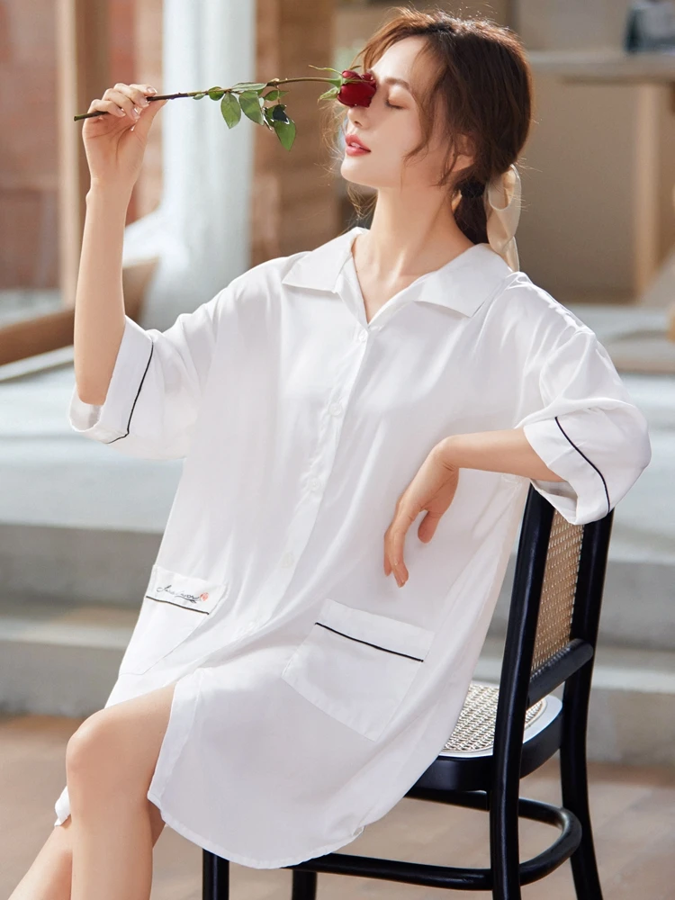 커플용 아이스 실크 잠옷, 루즈핏 롱 셔츠, 여성용 나이트가운, 남성용 로브, 편안하고 통기성 좋은 여름 잠옷