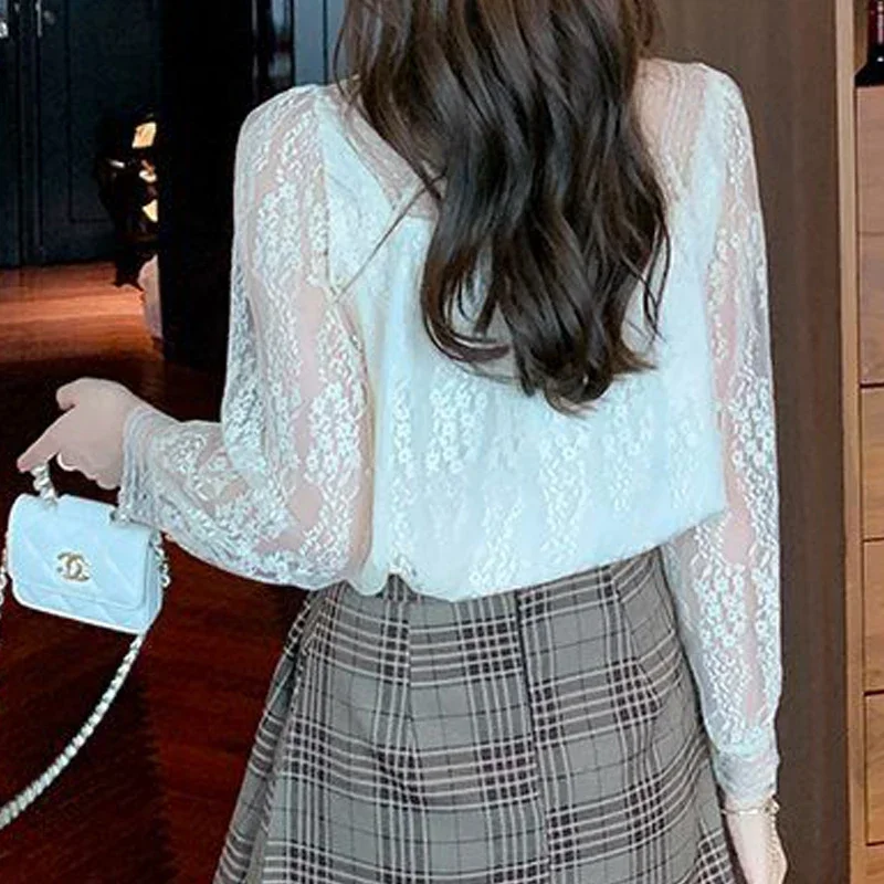 

Women's Korean Fashion Square Collar Sexy Sheer Lace Blouse Solid Fairy Sweet Chic Shirt Long Sleeve Tops Casual Blusas Z729