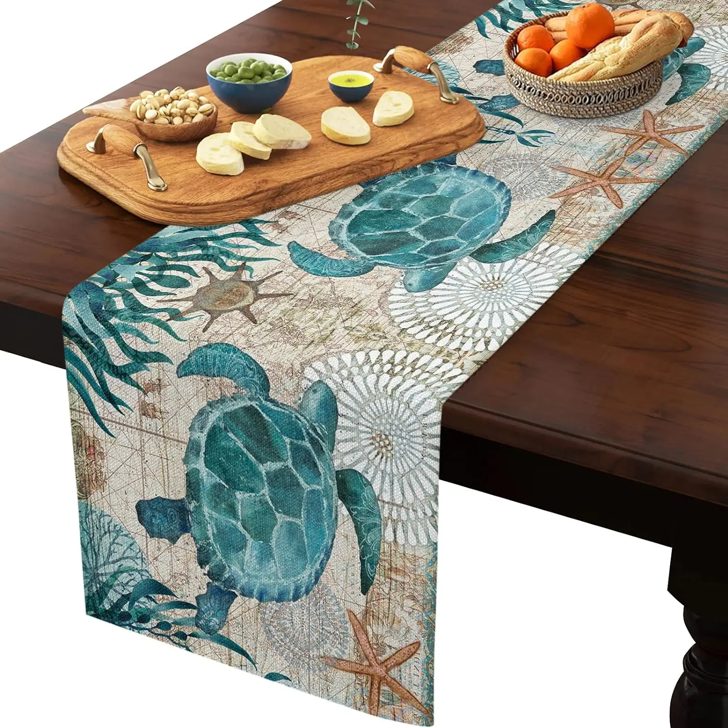Nautical  Sea Turtle Starfish Linen Table Runners Dresser Scarves Table Decor Farmhouse Kitchen Table Runners Party Decorations 3