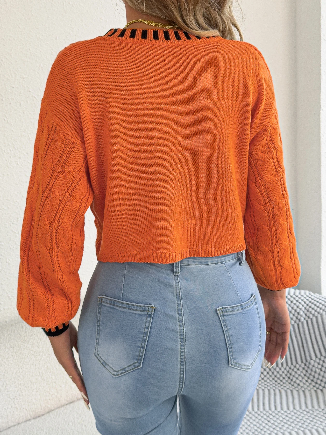 Orange Knitted Sweater Autumn Winter Casual Round Neck