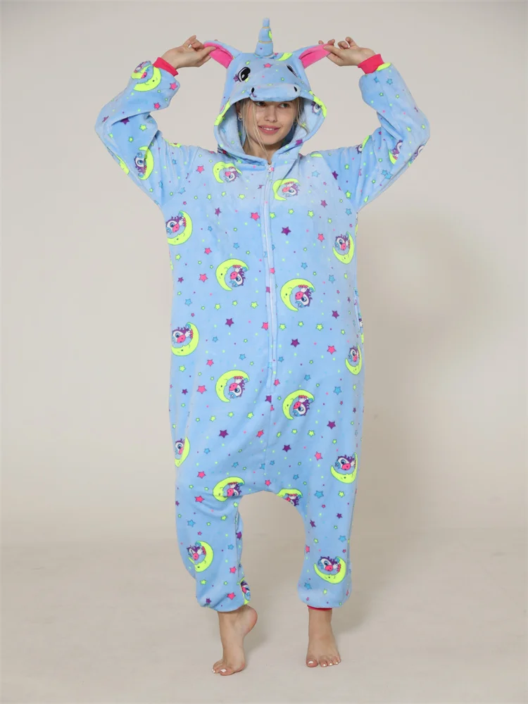 Autumn and Winter Adult Women Couple Flannel Hooded Kigurumi Unicorn Cartoon Animal Pink One-piece Pajamas Outdoor Loungewear