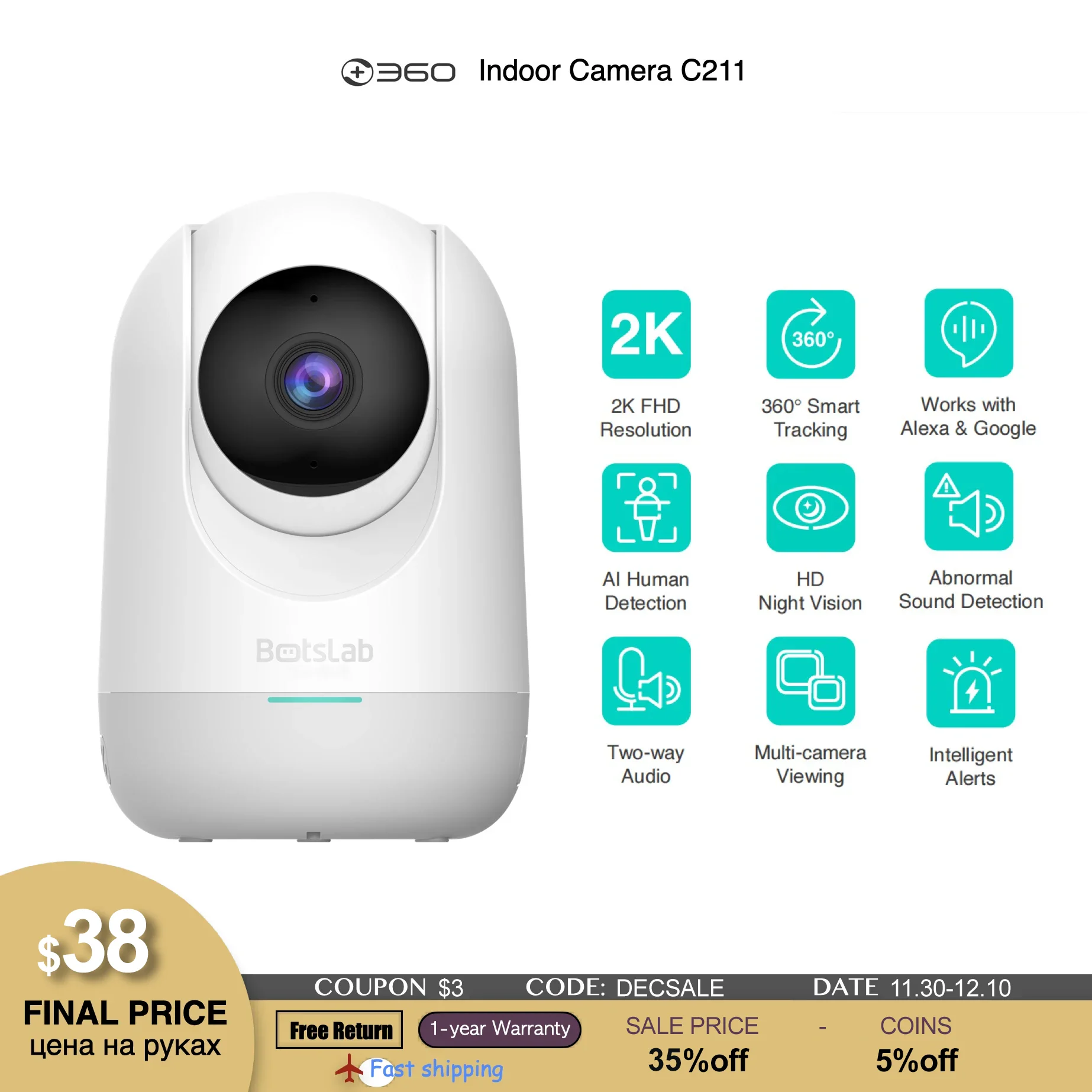 

360 Botslab C211 Indoor Camera 2K 3MP AI Detection 360° Smart Tracking Night Vison Two-way Audio WiFi Alexa Google Assistant