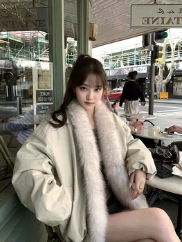 Winter Natural Large Fur Collar Down Jacket Female Warm Thicken Cotton Padded Jacket Women Solid Loose Cardigan Casual Outwears