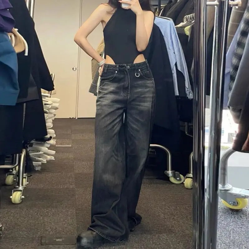 Women's Black Oversize Retro Straight Trouser High Street Baggy Y2K Jeans  Wide Leg Pants Clothes Streetwear Korean Fashion 2023