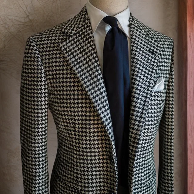 Houndstooth Business Blazer for Men 2023 Plaid Notched Lapel Suit Jacket Formal Male Fashion Coat 1