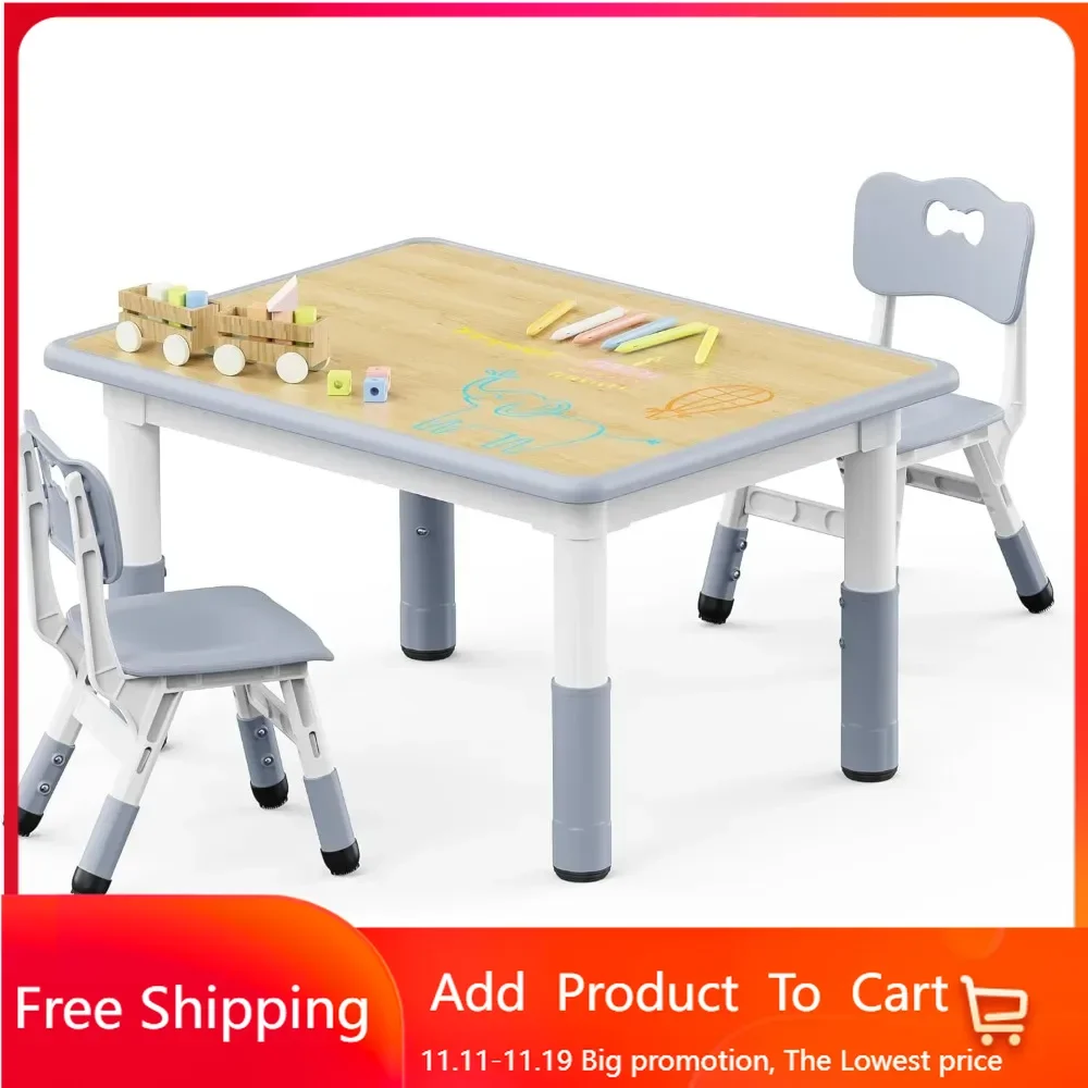 Kids Table and 2 Chairs Set, Height Adjustable Toddler Table and Chair Set, Graffiti Desktop, Ages 2-8