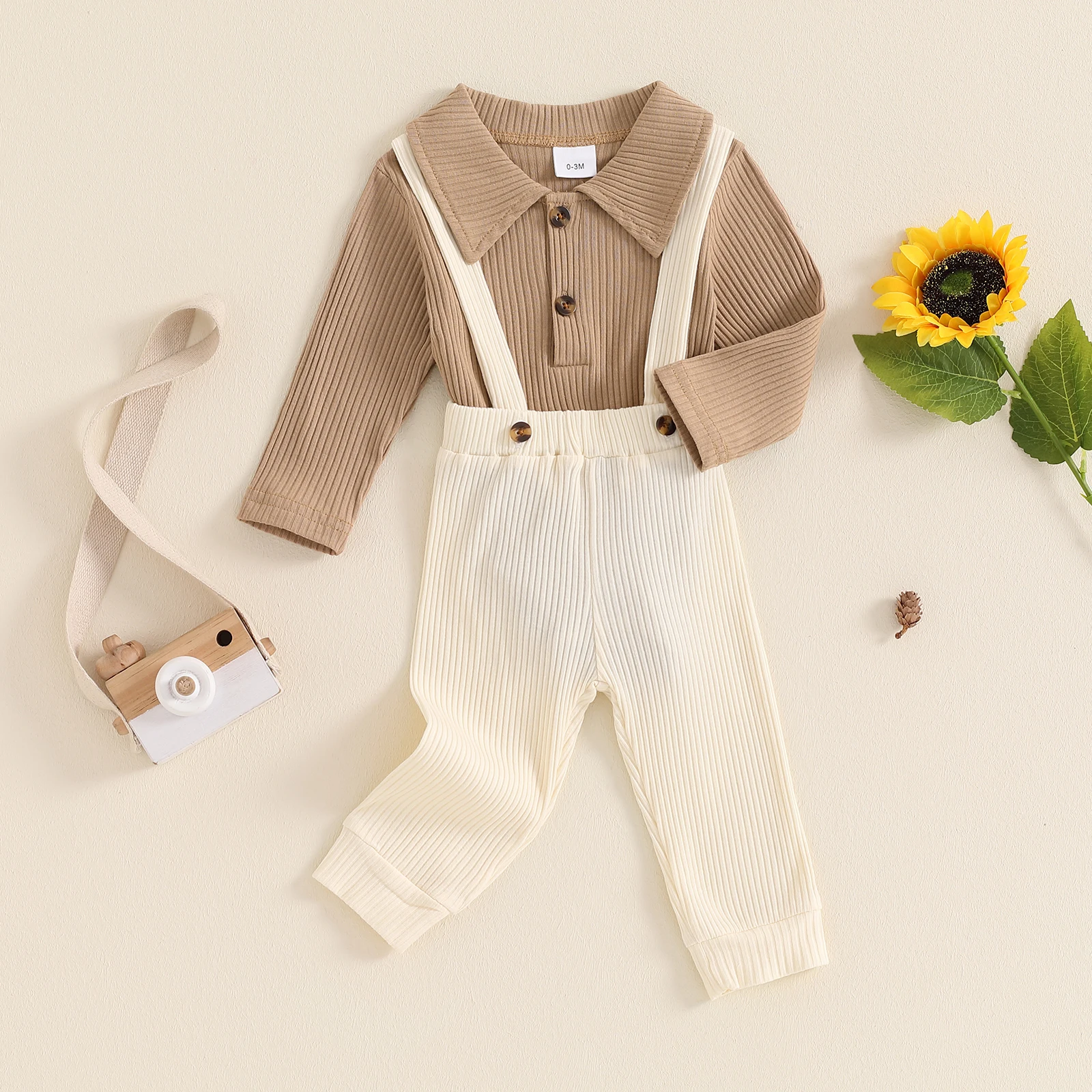 Description Picture 4 of itemToddler Baby Boys Fall Turn-Down Collar Bodysuits Outfits Casual Long Sleeve Rompers Suspender Knitted Pants Kids Clothes Set