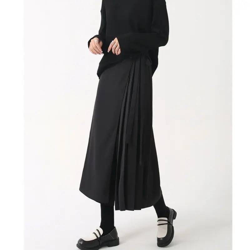 Yamamoto Diablo Pendant Fake Two Pieces Irregular Trouser Skirts Summer Lady Pleats Loose Cropped Pants Casual Wide Leg Pants