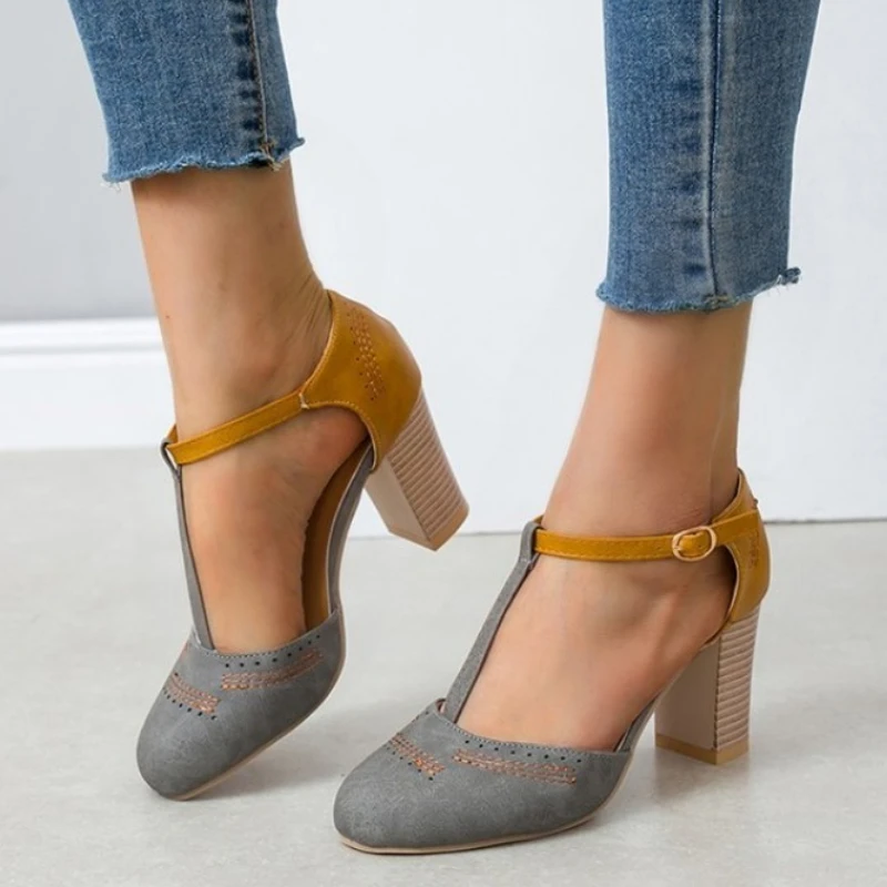 Zapatos de tacón alto para mujer, plataforma cuadrada, punta redonda, tacón cuadrado atado en T, zapatos de vestir de boda