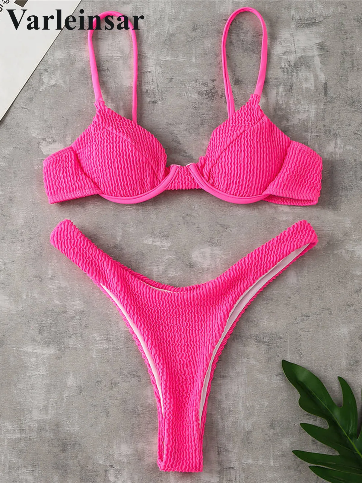 Ribbed Underwired High Cut Bikini Swimsuit Female Swimwear Women Two-pieces Bikini set Thong Bather Bathing Suit Swim V2697B