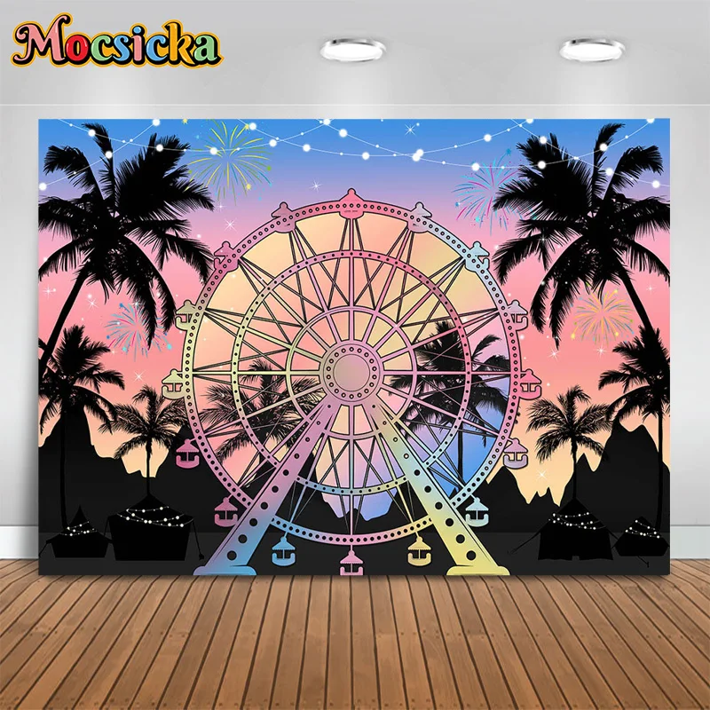 

Mocsicka Summer Photography Background Ferris Wheel Fireworks Palm Tree Decor Backdrop Holiday Birthday Party Kids Photo Studio