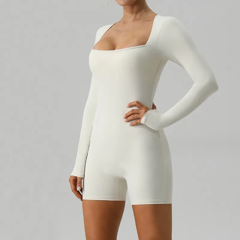 New Casual Female Jumpsuit Sexy Slim Fit Yoga Bodysuit Long Sleeve Ballet Dance One Piece Bodysuit S-XL