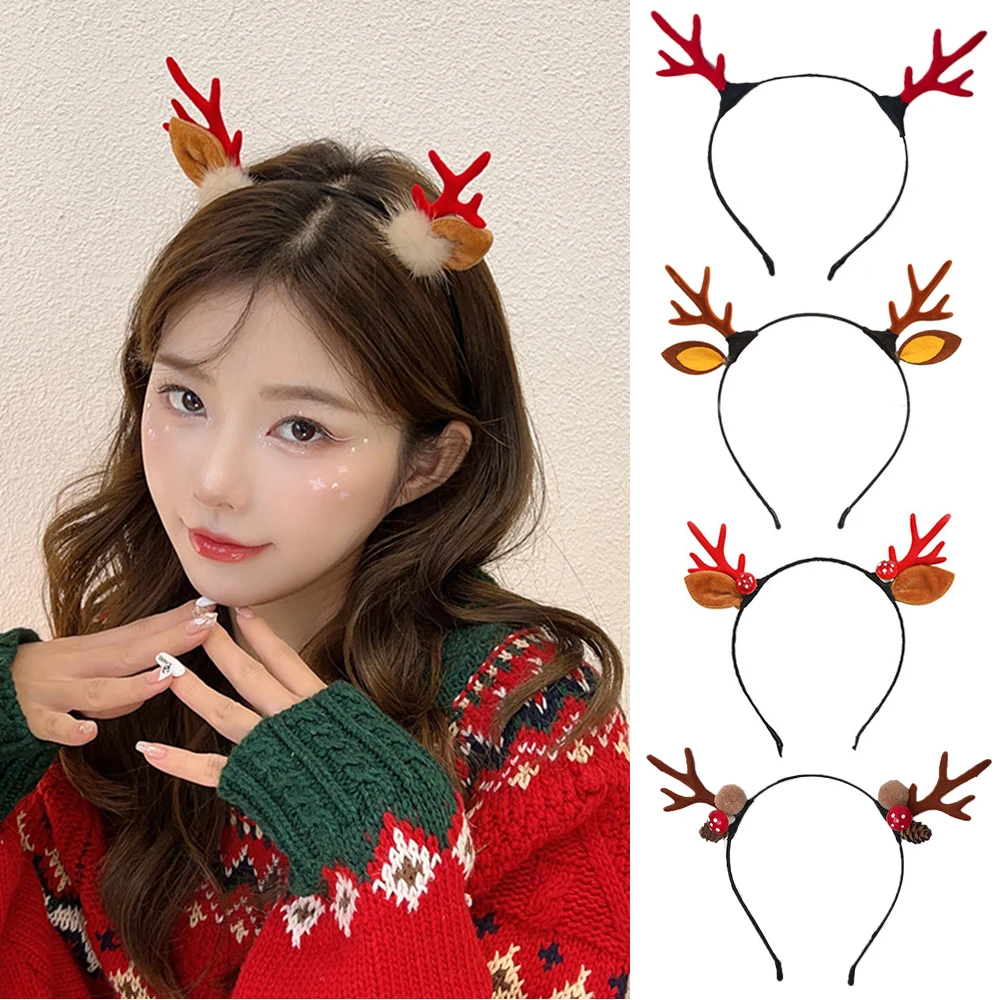 

Festival Party Props Hairbands Plush Deer Ears Antler Hair Hoop Antlers Horn Fur Ball Head Hoop Cartoon DIY Hair Accessories