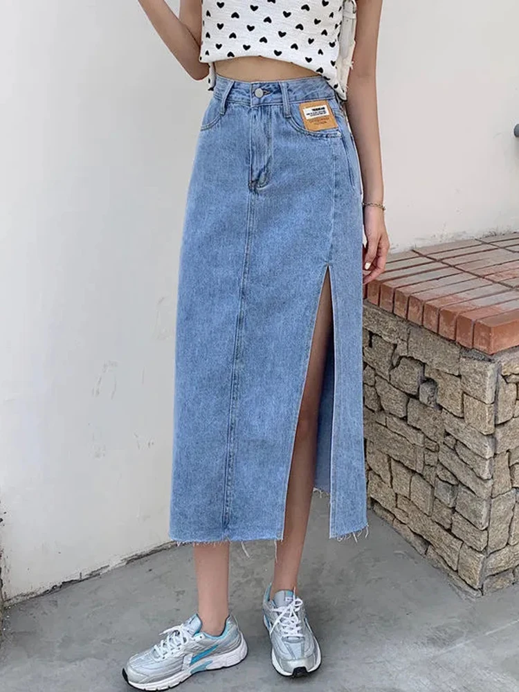 

Classic High Waist Sexy Side Slit Bag Hip Denim Skirt Woman Fashion S-5xl Loose Raw Edge Midi Jean Skirt Slim A-line Denim Skirt