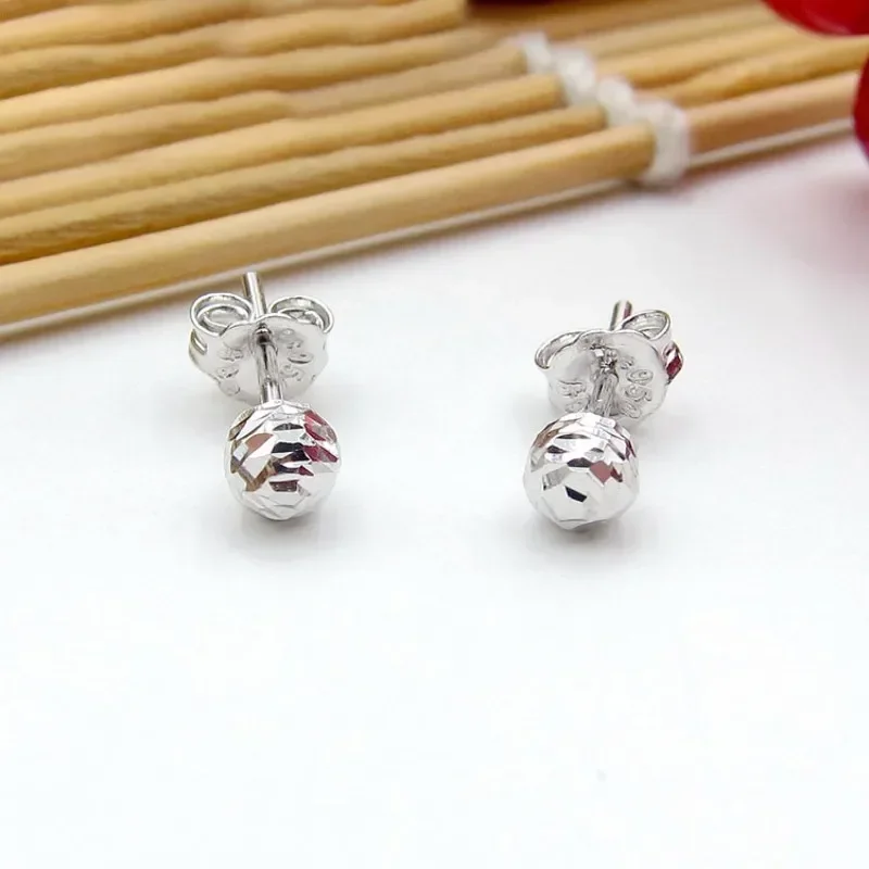 

PT950 Real Pure Platinum 950 Stud Women Gift Lucky 4mm Carved Bead Ball Earrings 2.2g