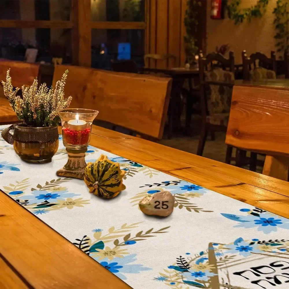 Happy Passover Blue Flower Hanukkah Linen Table Runner Home Decorations Jewish Anniversary Holiday Table Runner for Party Decor 4