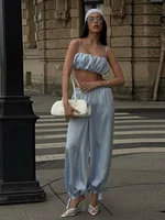Ensemble pantalon et haut plissé tendance pour femme, débardeur court uni à bretelles, pantalon à taille élastique et lacets, nouvelle collection 2026, tenue décontractée pour femme 4