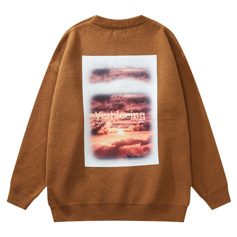 

Men Oversized Sweater Black Loose Letters Landscape Print Women Vintage Retro Knitted Sweater 2022 Autumn Cotton Pullover Unisex