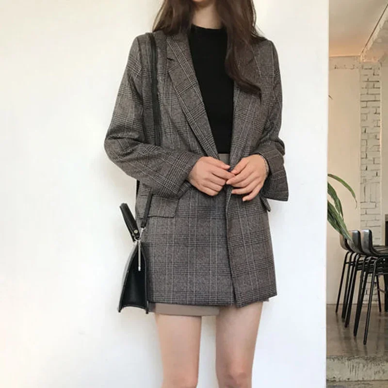 Women Plaid Blazers Coats Korean Elegant Thick Jacket Female Double Breasted Office Lady Fashion Long Overcoat Drop Shipping