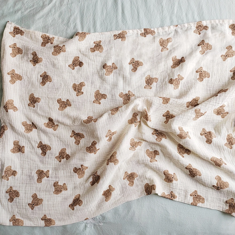 2 Layers Baby Blankets Bear Print Cotton Gauze Muslin Swaddle Wrap Newborn Infant Girls Boys Bedding Sleeping Blanket Accessory
