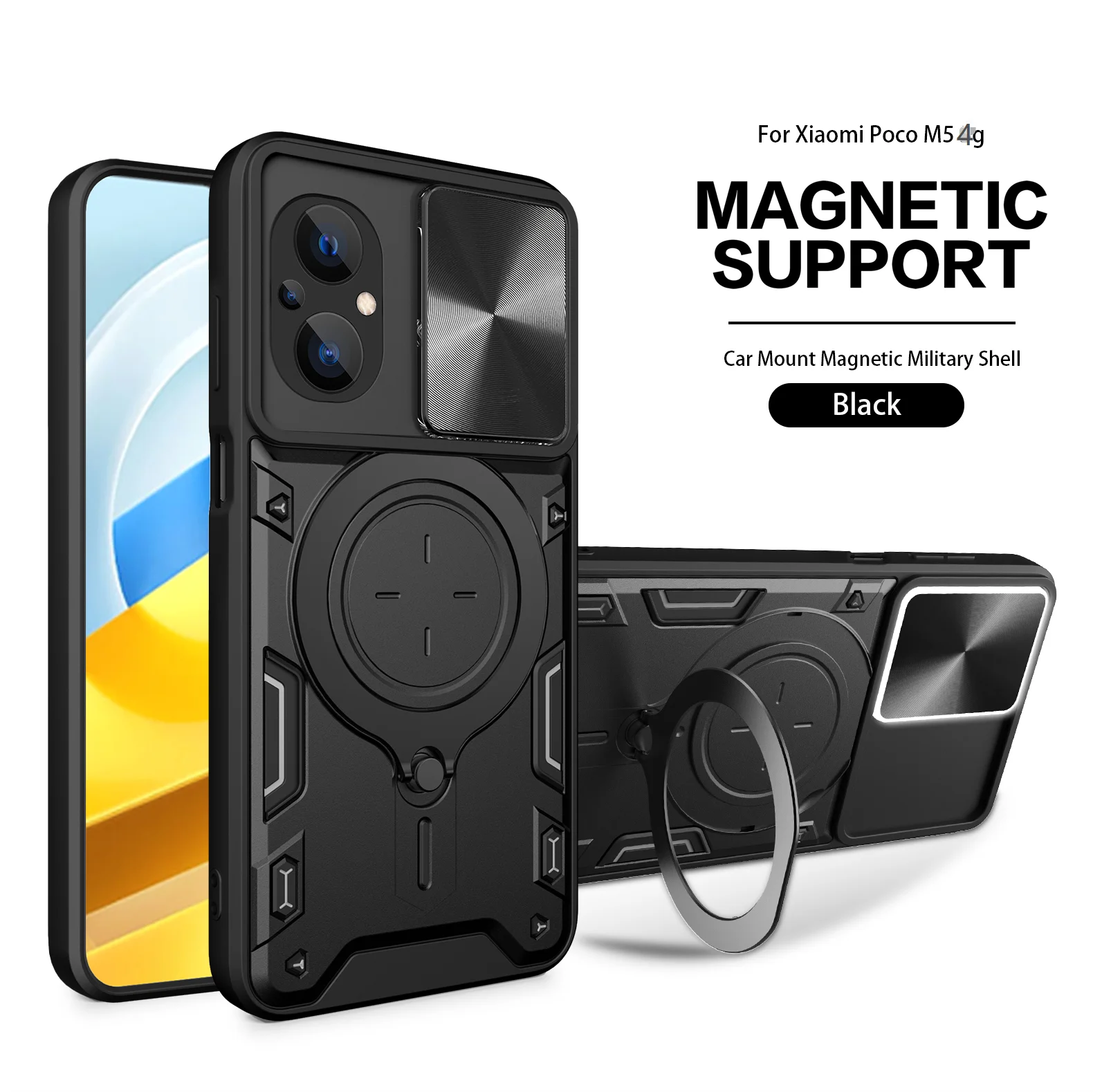 Heavy Duty Rugged Armor Phone Case with Magnetic Bracket and Slide Camera Protection Cover