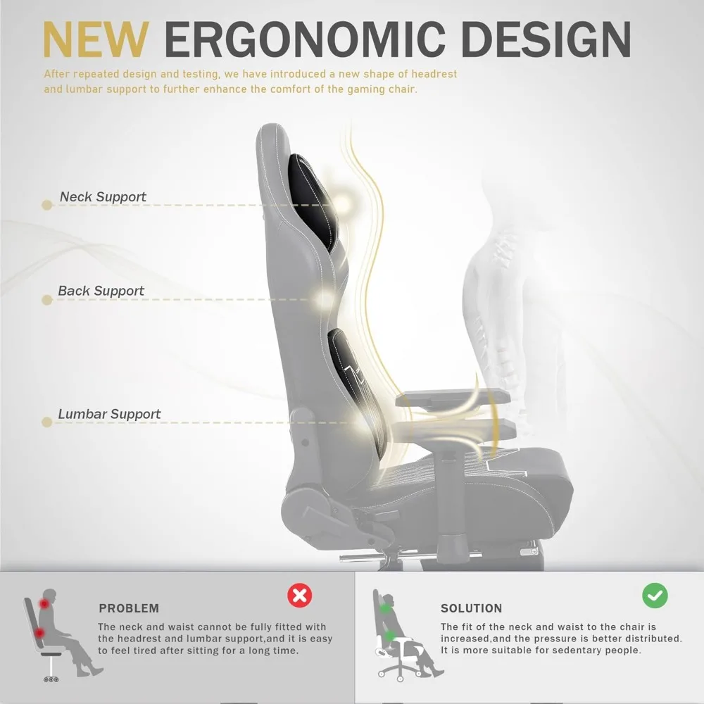 Ergonomic Gaming Chair with Footrest, Comfortable Headrest and Lumbar Support, 4D Armrests Computer Chair for Adults, Pu Leather 5