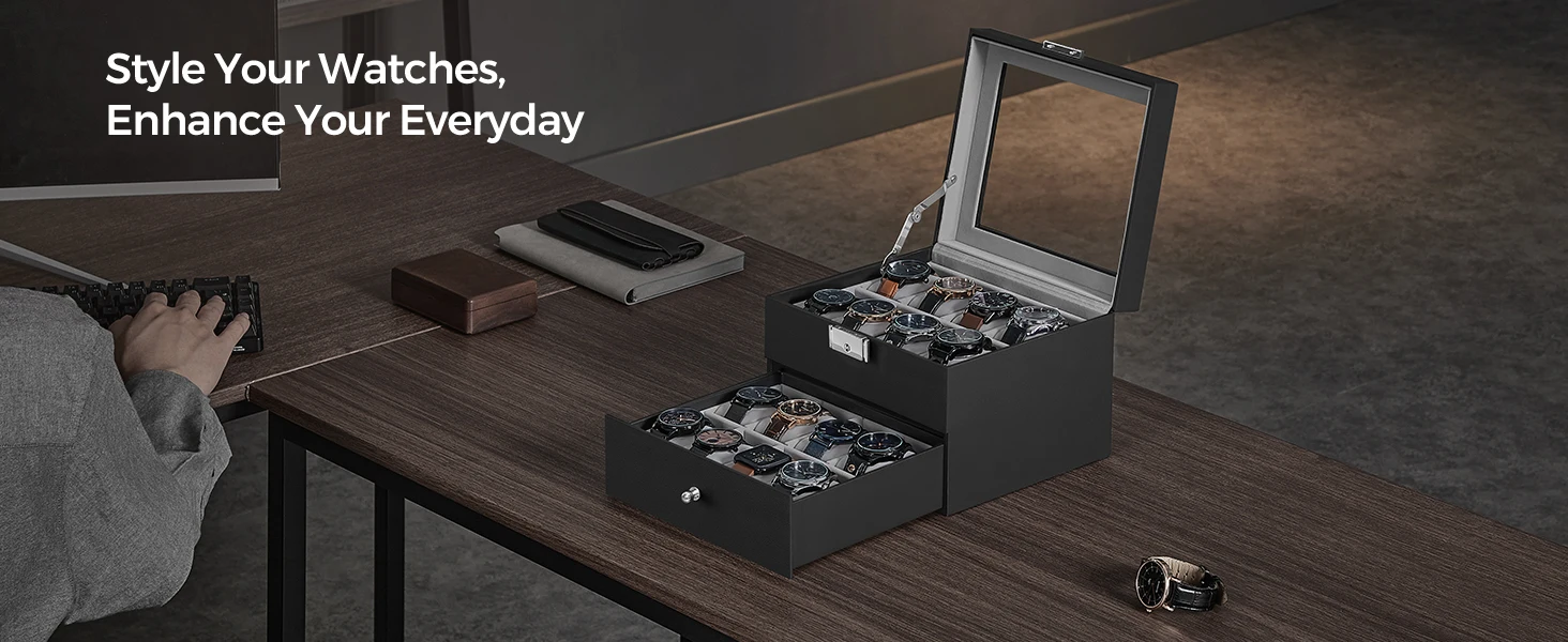 20 Slot Watch Display Case ⌚ – Lockable Black Leather Storage Box with Glass Lid, 2 Lay... - SKU WDC01649 - UGI Packaging