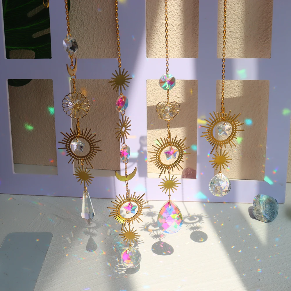 Aura Crystal Moonphase Suncatcher Window Light Catcher Prism Celestial Rainbow Maker Home Decor