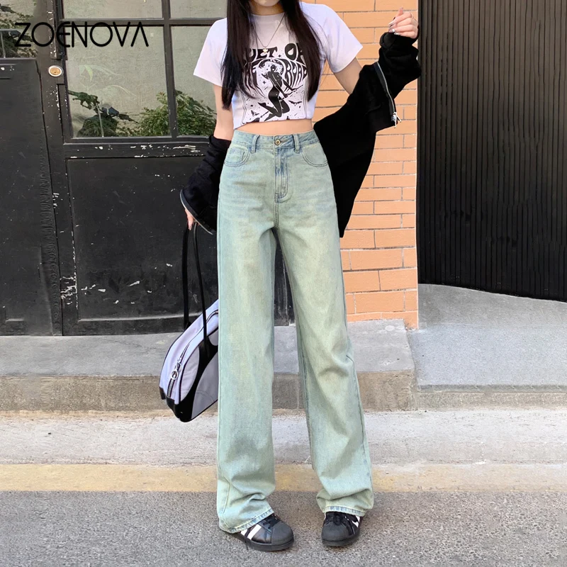 ZOENOVA 아메리칸 레트로 노스탤직 와이드 레그 팬츠, 용수철 스트리트 Y2K 그레이 그린, 하이 웨이스트 스트레이트, 다목적 여성 청바지, 2024 신제품