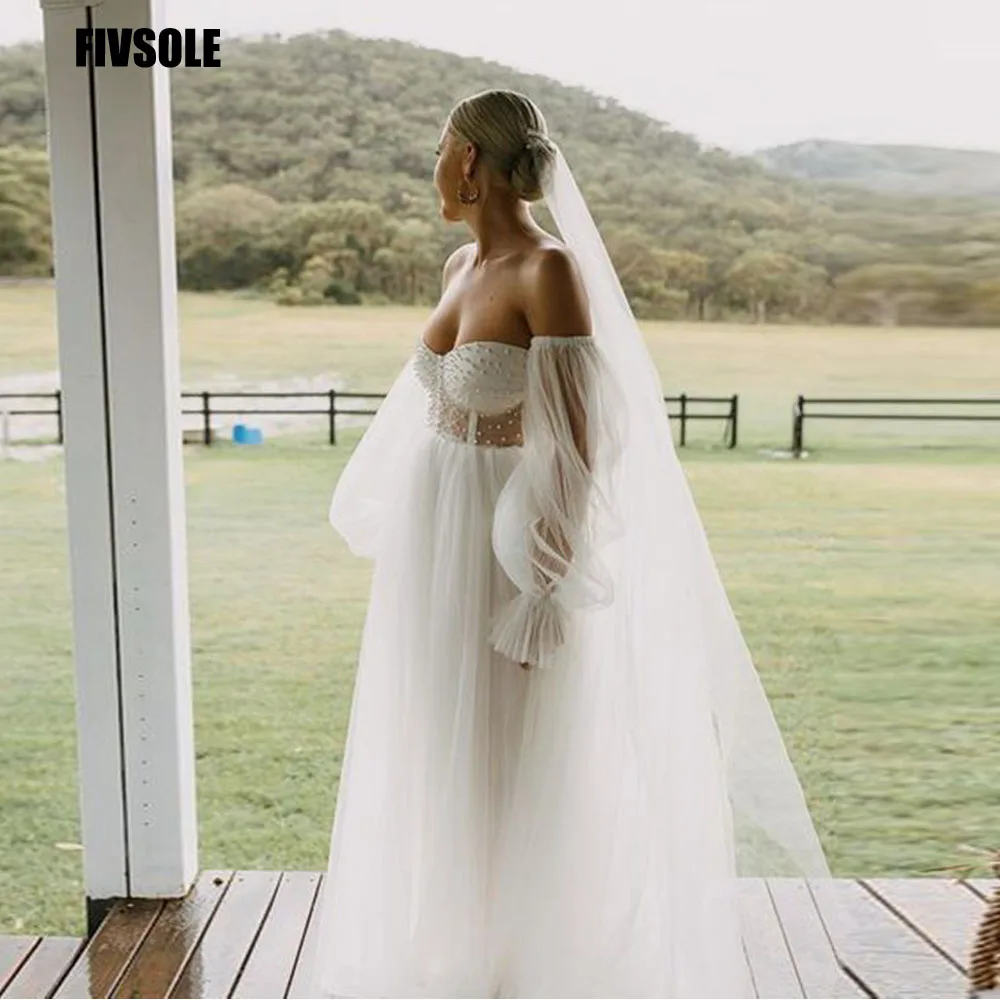 

Fivsole Bohemian Dotted Tulle Wedding Dresses 2022 Sweetheart Detachable Sleeves Bridal Gown Zipper Back Beach Vestidos De Novia