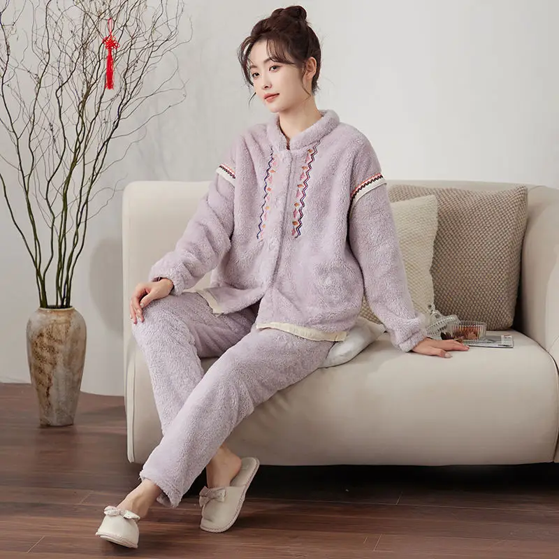 Chinese Style Three Colors Are Available Autumn and Winter Add Fleece To Thicken Fashion  Loungewear Pajamas Can Be Worn Outside
