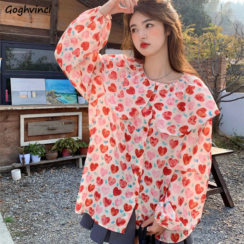 

Shirts Women Heart Printed Peter Pan Collar Sweet Lovely Korean Fashion Clothes All-match Summer Kawaii Y2k Tops Aesthetic Ins