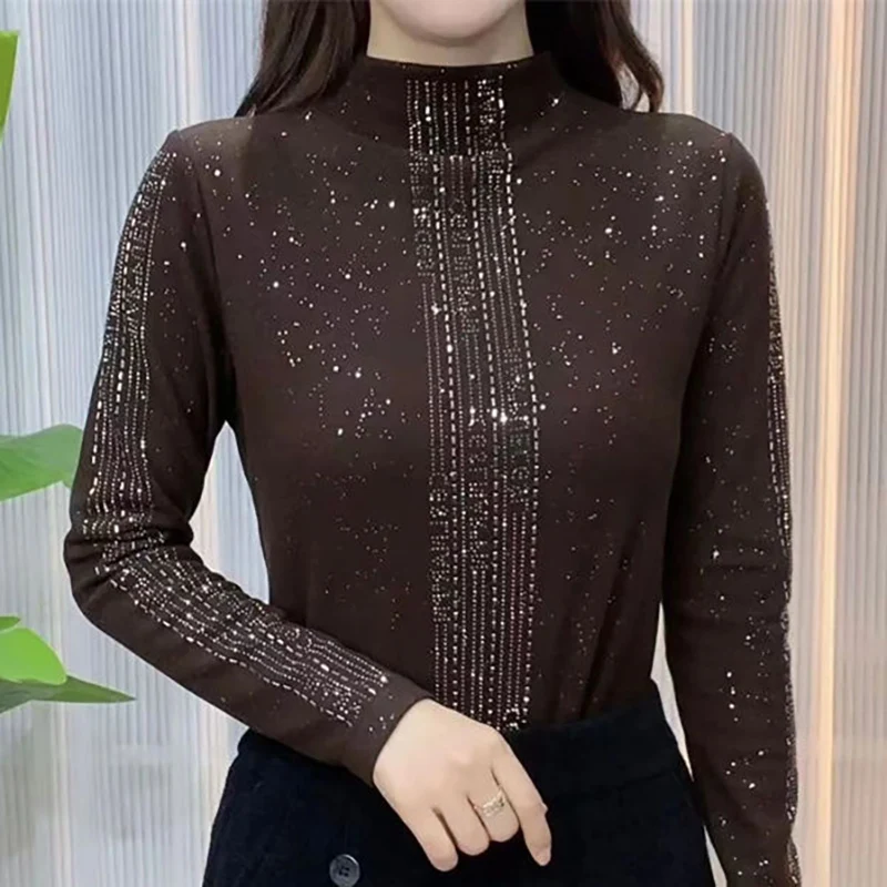 

Fashion Stand Collar Sequined Spliced Diamonds Blouses Women's Clothing 2023 Autumn Winter Loose Commuter Tops All-match Shirts